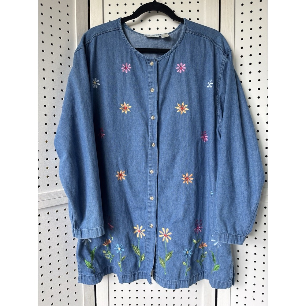 Vintage Roaman's Denim Button Down Embroidered Flowers Top L/SLV Women's Lg